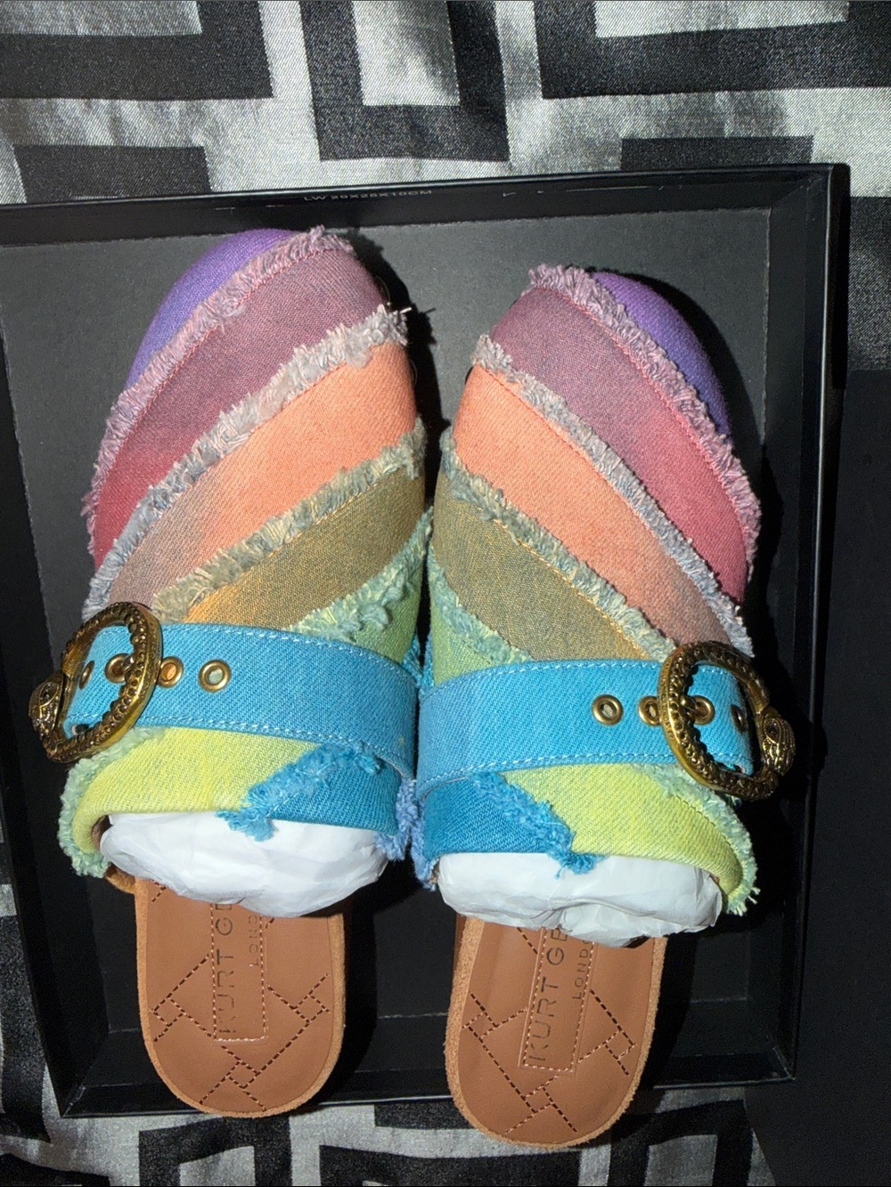 Kurt Geiger Rainbow Striped Denim Buckle Clogs - Picture 6 of 11